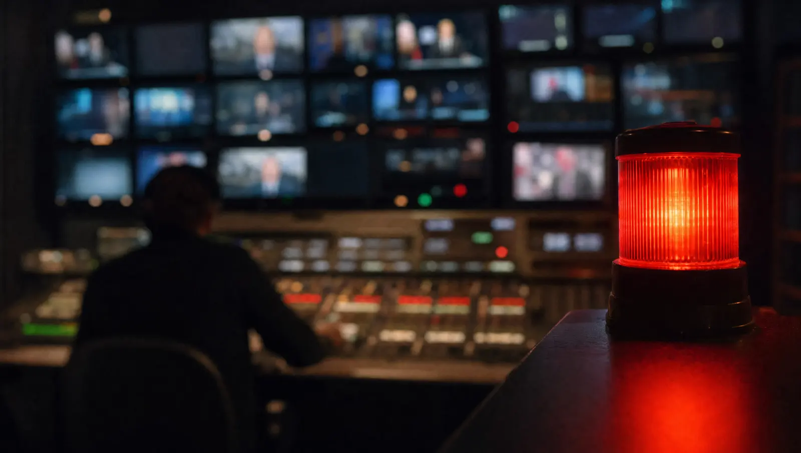 A red on-air lamp in focus in front of a wall of live preview monitors