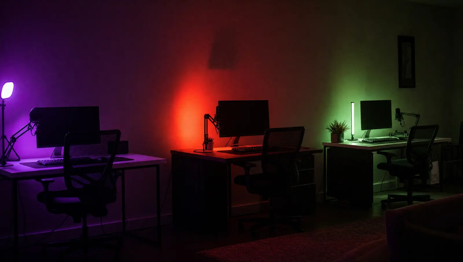 Three empty streaming setups side by side, lit purple, red and green