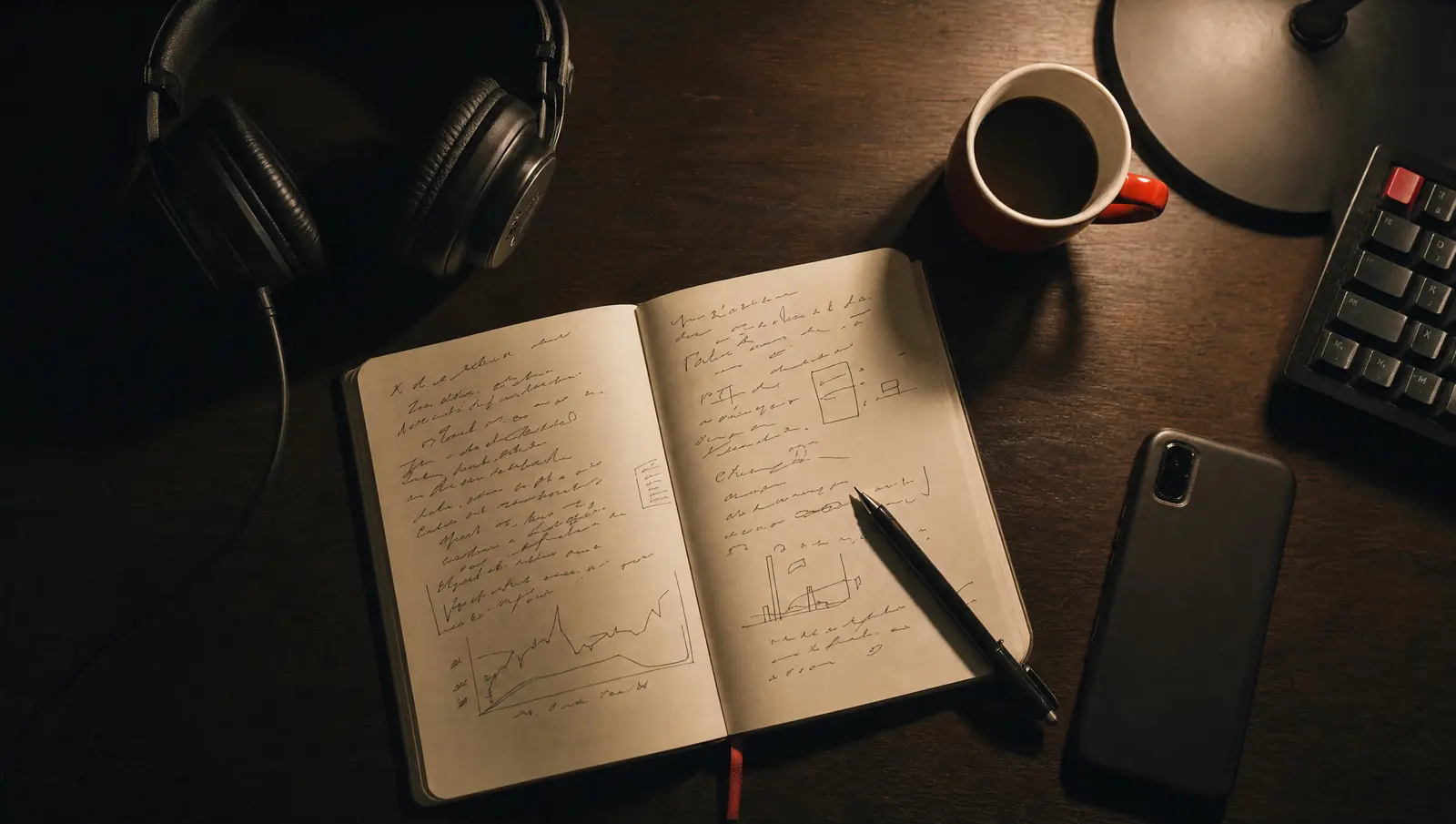 An open notebook of handwritten notes on a desk with a keyboard and headphones
