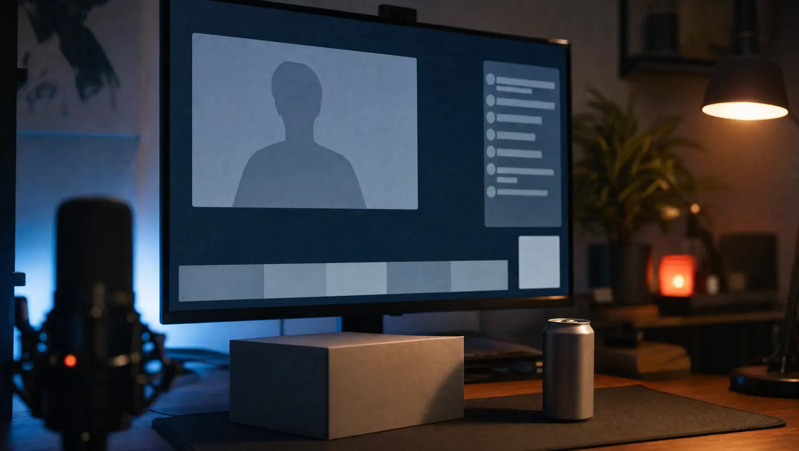 A stream layout on a monitor with a sponsor banner, a chat panel and a QR code on screen