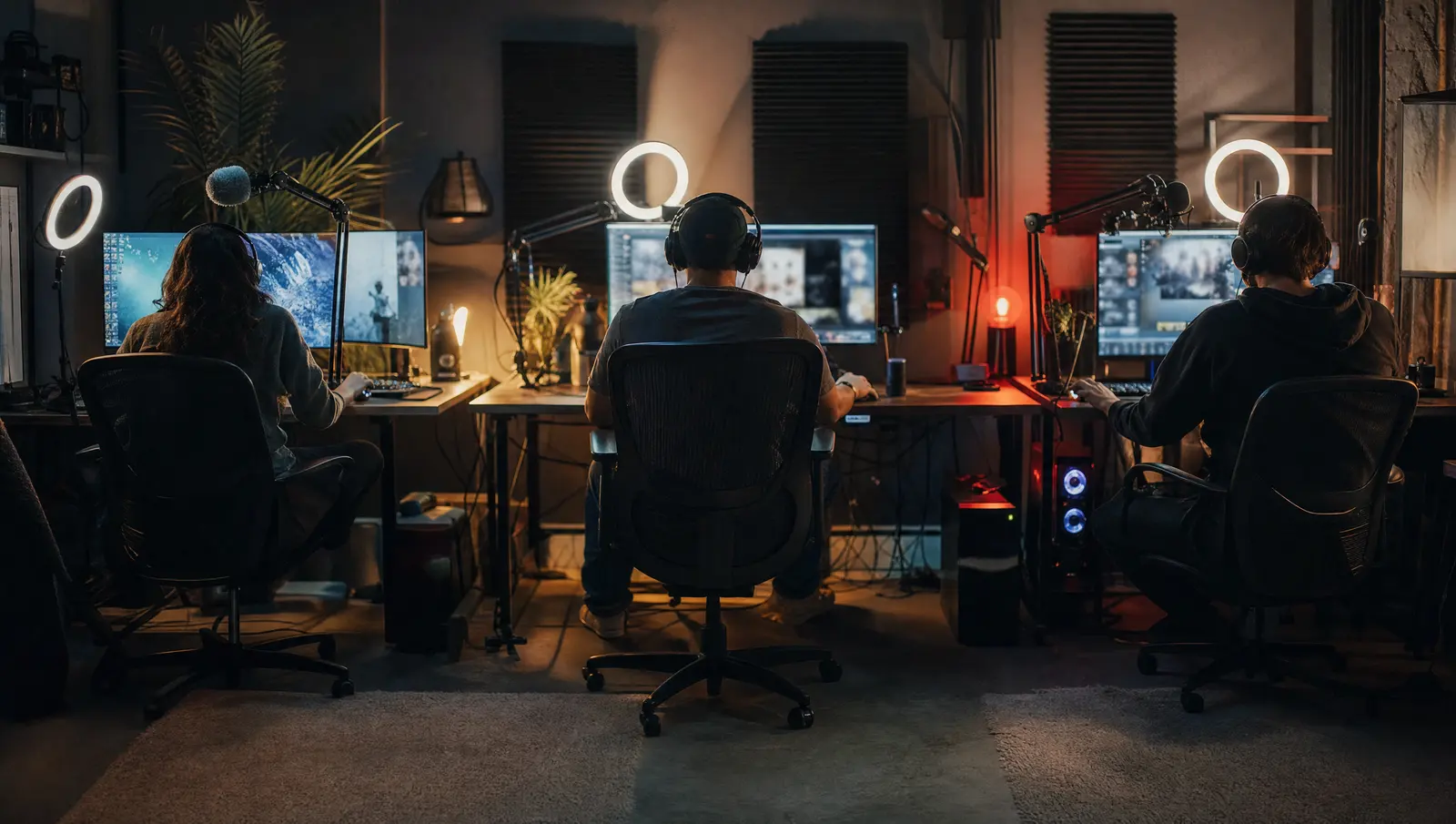 Three broadcast desks in one studio, each lit by its own monitor