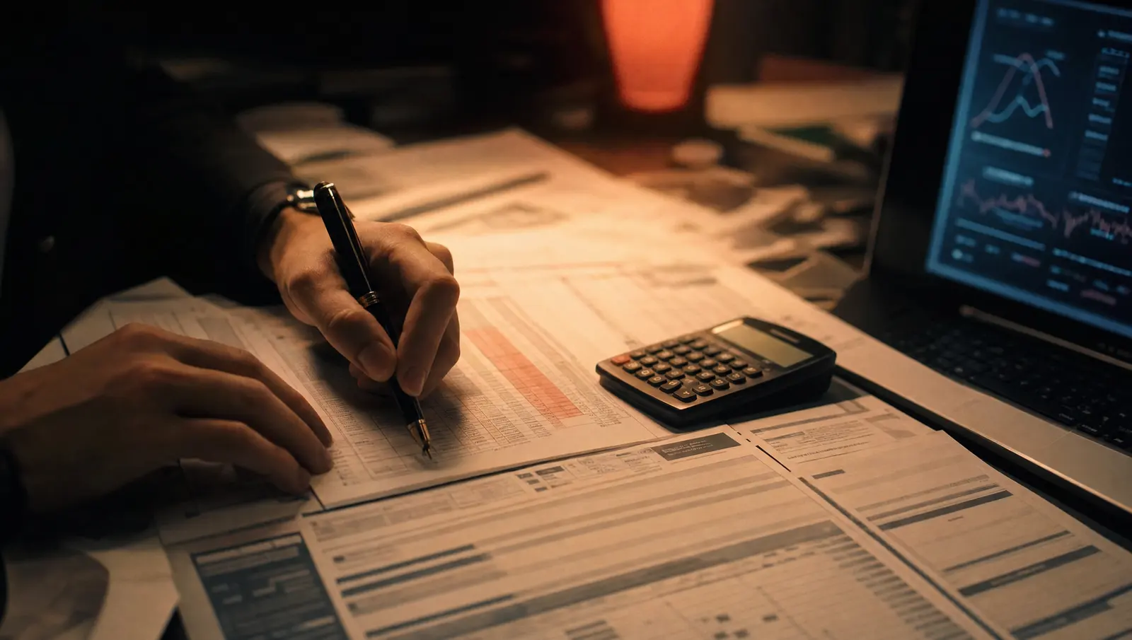 A media plan spread across a desk beside a calculator and a laptop