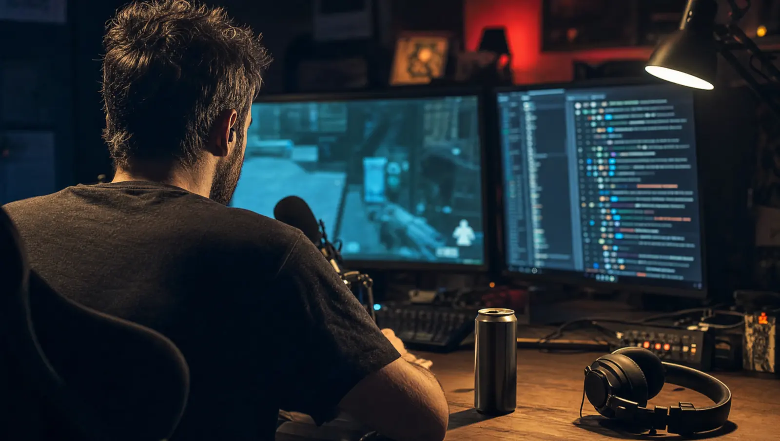 A streamer at a broadcast desk, gameplay on one monitor and live chat on the other